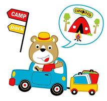 Cute bear driving car puling bags on cart, camping elements, vector cartoon illustration