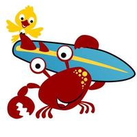 vector cartoon crabs carrying surfboard with a bird