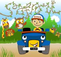 Little boy on car with funny animals in forest, vector cartoon illustration