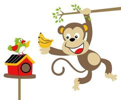 Cute monkey hanging in tree branches with banana, little bird on cage, vector cartoon illustration