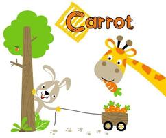 Funny giraffe eating carrot, cute rabbit in tree pulling carrots with cart, vector cartoon illustration