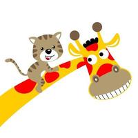 funny tiger on giraffe's neck, vector cartoon illustration