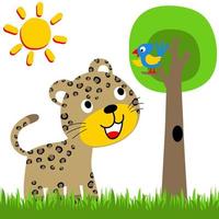 Funny leopard with bird on a tree, vector cartoon illustration