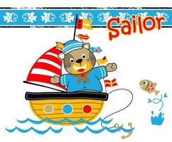 Funny cat in sailor costume on sailboat with a fish, vector cartoon illustration
