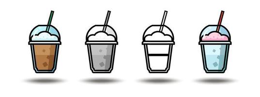 Vector icon illustration. Colorful frappe coffee in gray, color and blakc and white. Isolated on white background.