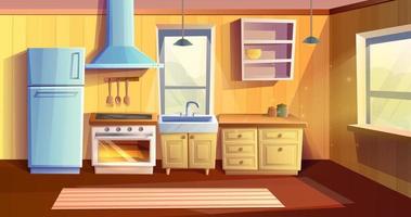 Vector cartoon style illustration of kitchen room. Fridge, oven with a stove and hob, sink, kabinets and extractor hood.