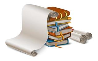 3d realistic vector cartoon style stack of books and blank paper and paper rolls. Isolated on white background.