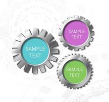 Colorful metal gear wheels infographic buttons, team work, 3d realistic vector icon illustration.  on tech background.