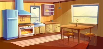 Vector cartoon style illustration of kitchen room. Dining room with dining wooden table. Fridge, oven with a stove and hob, sink, kabinets and extractor hood.
