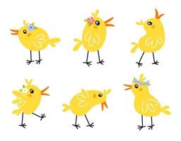 Cute cartoon chickens with spring flowers. Easter illustration in flat style. Vector illustration