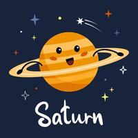 linda dibujos animados planeta personaje Saturno con gracioso rostro. póster solar sistema para niños. vector ilustración