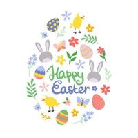 Happy Easter, egg shape illustration. Colorful spring flowers, bunny, chicks, eggs on poster, greeting card. Vector illustration