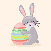 Easter cute bunny hugging an Easter egg. Flat style vector illustration.