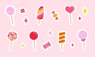 dulces, piruletas y caramelo en palos en plano estilo. pegatinas colocar. vector ilustración