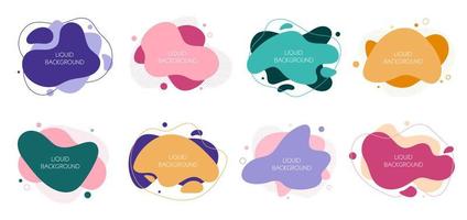 Set of 8 abstract graphic liquid and fluid flat elements. Dynamical waves colored fluid shapes. Isolated banners with flowing shapes. Template for the design of a logo, flyer or presentation. vector