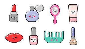Fashion, beauty, make up, cosmetics, fashion things patches, badges, stickers. Set of cute cartoon icons in kawaii style. Vector lips, lipstick, nail polish, perfume, brush, mirror, hairbrush, lotion.
