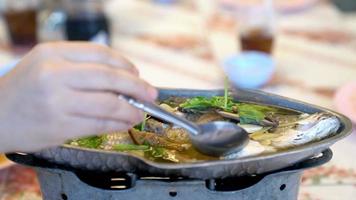 en mangeant à la vapeur vivaneau avec soja sauce, lente mouvement mouvement, thaï nourriture video