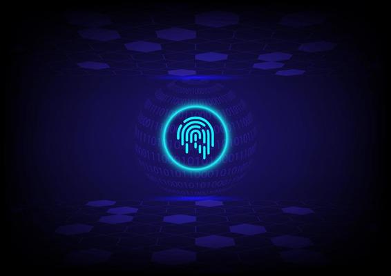 Cyber security concept. Electronic fingerprint with the binary number and earth on futuristic technology abstract background. Digital protection.