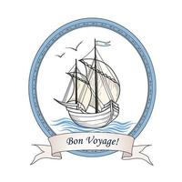 Sailing ship. Summer holiday Bon Voyage card. Sail boat transport. Marine travel. Yacht sign vector