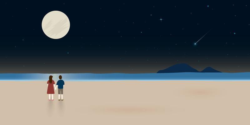 Full moon night at tropical blue sea, sand beach and mountain with couple of lover illustration. Landscape of coast beautiful sea shore beach at night flat design illustration.