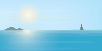tropical azul mar en Brillo Solar día tener yate y isla a horizonte ilustración. marina y azul cielo plano diseño. vector