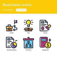 Business icon set with flat line style with business target, idea, stamp, business report, hierarchy, budgeting vector