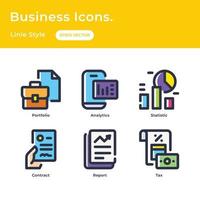 Business icon set with flat line style with portfolio, analytics, statistic, contract, report, tax vector