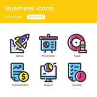 Business icon set with flat line style with startup, presentation, target, financial report, diagram, checklist vector