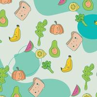 Vegetables cartoon pattern with pepper, tomato, sorrel, parsley, salad on beige background. Perfect for vegan, vegetarian, wallpapers, food backgrounds, fabrics. Cartoon vector illustration