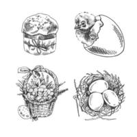 A hand-drawn sketch  Easter Holiday set.  Chicken in a shell, nest with eggs, basket with Easter eggs, Easter cake. Vector illustration. Black and white vintage drawing.