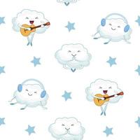 Seamless cloud pattern. Cute cartoon cloud with a guitar in his hands and cloud listening to music with headphones. Vector illustration. Kawaii style.