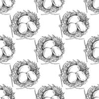 Hand-drawn seamless sketch  pattern of  Easter decorative nest with eggs.  Easter Holiday. Vector illustration. Vintage style.