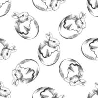 Hand-drawn seamless sketch  pattern of  bunny in the shell.  Easter Holiday. Vector illustration. Vintage style.