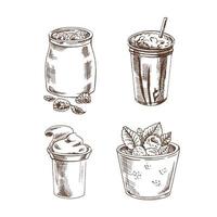 Hand-drawn Dairy products sketch set. Yogurt with raspberries, yogurt in a pot, yogurt in a package, milkshake with chocolate. Vector illustration. Black and white vintage drawing.