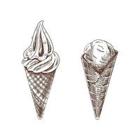 A hand-drawn sketch of a waffle cones with ice cream. Vintage illustration. Element for the design of labels, packaging and postcards. vector
