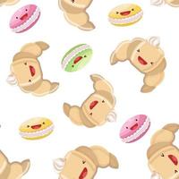 Cute croissants and macarons  seamless pattern. Vector illustration. Food icon concept. Flat cartoon style.