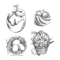 A hand-drawn sketch  Easter Holiday set. Rabbit in a shell, meringue, nest with eggs, basket with Easter eggs. Vector illustration. Black and white vintage drawing.