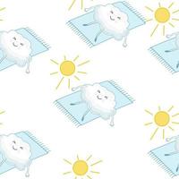 Seamless cloud pattern. Cute cartoon cloud lying and sunbathing, relaxed. Vector illustration. Kawaii style.