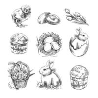 A hand-drawn sketch  Easter Holiday set. Easter bunny, Easter cakes, tulips, chicken, quail eggs, basket with easter eggs, nest with eggs. Vector illustration. Black and white vintage drawing.