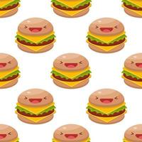 Cute Burger seamless pattern. Vector illustration. Food icon concept. Flat cartoon style.