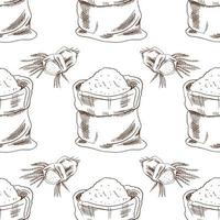 Hand-drawn seamless sketch  pattern of bags with flour and spikelets.  Vector illustration. Vintage style.