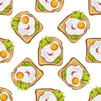 Cute toast with egg and asparagus seamless pattern. Vector illustration. Food icon concept. Flat cartoon style.