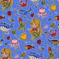 UNDERWATER FRIENDS Mermaid Animal Cartoon Seamless Pattern vector