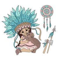 pocahontas oso indios princesa niña vector ilustración conjunto