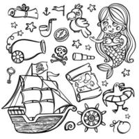 PIRATE SHIP AND MERMAID Cartoon Clipart Illustration Set vector