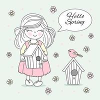 SPRING TIME Girl With Birdhouse Cartoon Vector Illustration Set