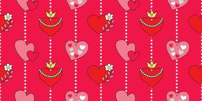 hermosa modelo corona corazón garabatear. reina de corazón. dibujos animados coronado y reina. par de corazones. rojo y rosado modelo para amor y San Valentín dia.el sin costura linda modelo diseño. vector