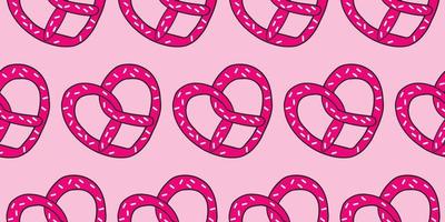 hermosa modelo dulce rosado corazón conformado pretzels linda galleta salada un pan hornear. garabatear dibujos animados mano dibujado. San Valentín dibujos animados hermoso, delicioso, y lleno de corazón. mano dibujado pretzels dibujos animados. vector