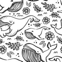 WHALES IN SKETCH Cartoon Seamless Pattern Vector Illustration