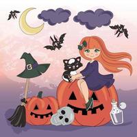 PUMPKIN HOLIDAY Girl Halloween Cartoon Vector Illustration Set